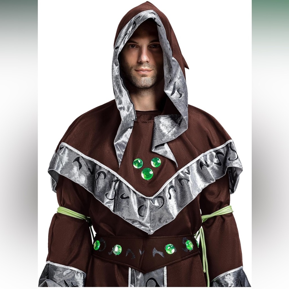 NWT Spooktacular Wizard Costume Adult Men, Medieval CostumE W/Hooded Cloak, Sz M - Picture 5 of 6